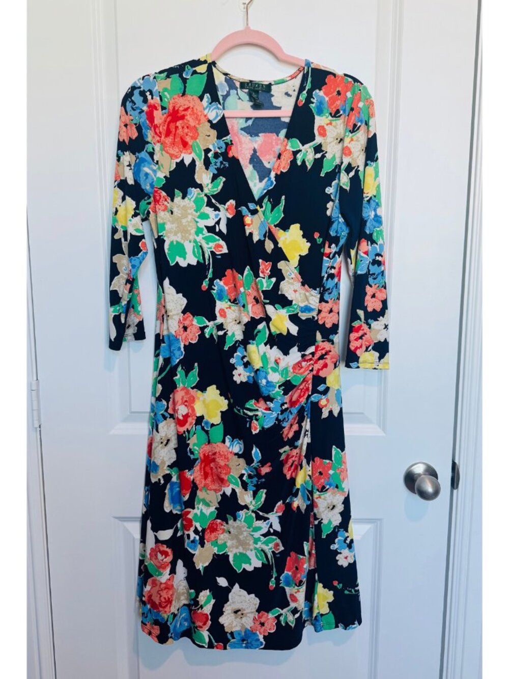 (2 for $15) Lauren Ralph Lauren Navy Floral Faux Wrap Midi Dress Sz L